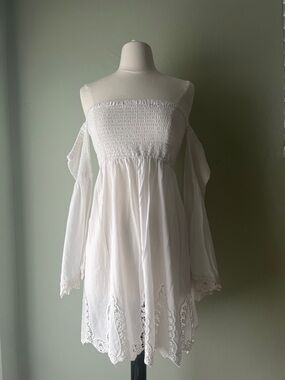 blue island White Smocked Off-Shoulder Top with Lace Trim